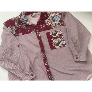 Vintage Tapestry Womens Burgundy Floral Pinstripe Button Down Shirt USA Made 18‎
